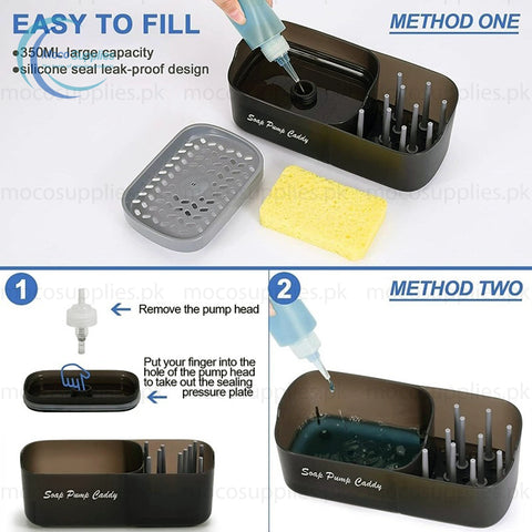 Soap Pump and Sink Caddy – 3-in-1 Dish Soap Dispenser with Sponge Holder & Cleaning Tool Organizer