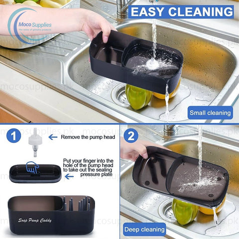 Soap Pump and Sink Caddy – 3-in-1 Dish Soap Dispenser with Sponge Holder & Cleaning Tool Organizer