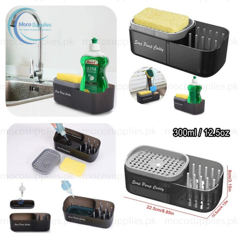 Soap Pump and Sink Caddy – 3-in-1 Dish Soap Dispenser with Sponge Holder & Cleaning Tool Organizer