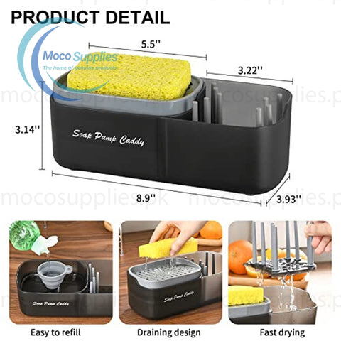 Soap Pump and Sink Caddy – 3-in-1 Dish Soap Dispenser with Sponge Holder & Cleaning Tool Organizer