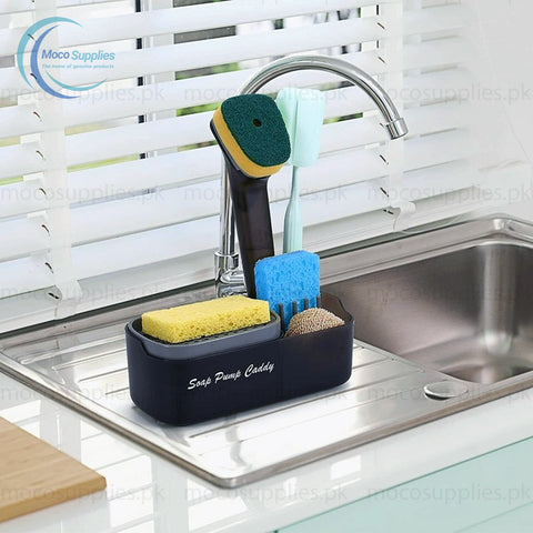 Soap Pump and Sink Caddy – 3-in-1 Dish Soap Dispenser with Sponge Holder & Cleaning Tool Organizer